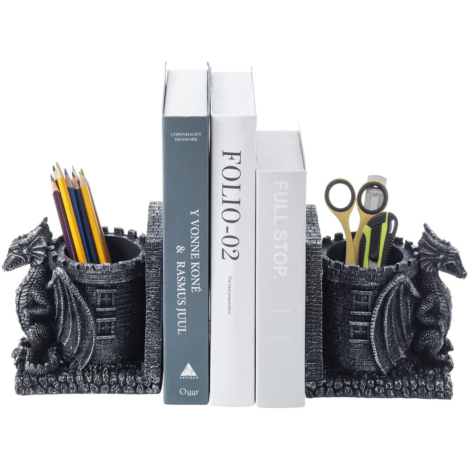 MyGift Gothic Dragon Bookends with Castle Pencil Cup, Black Resin, 1 Pair