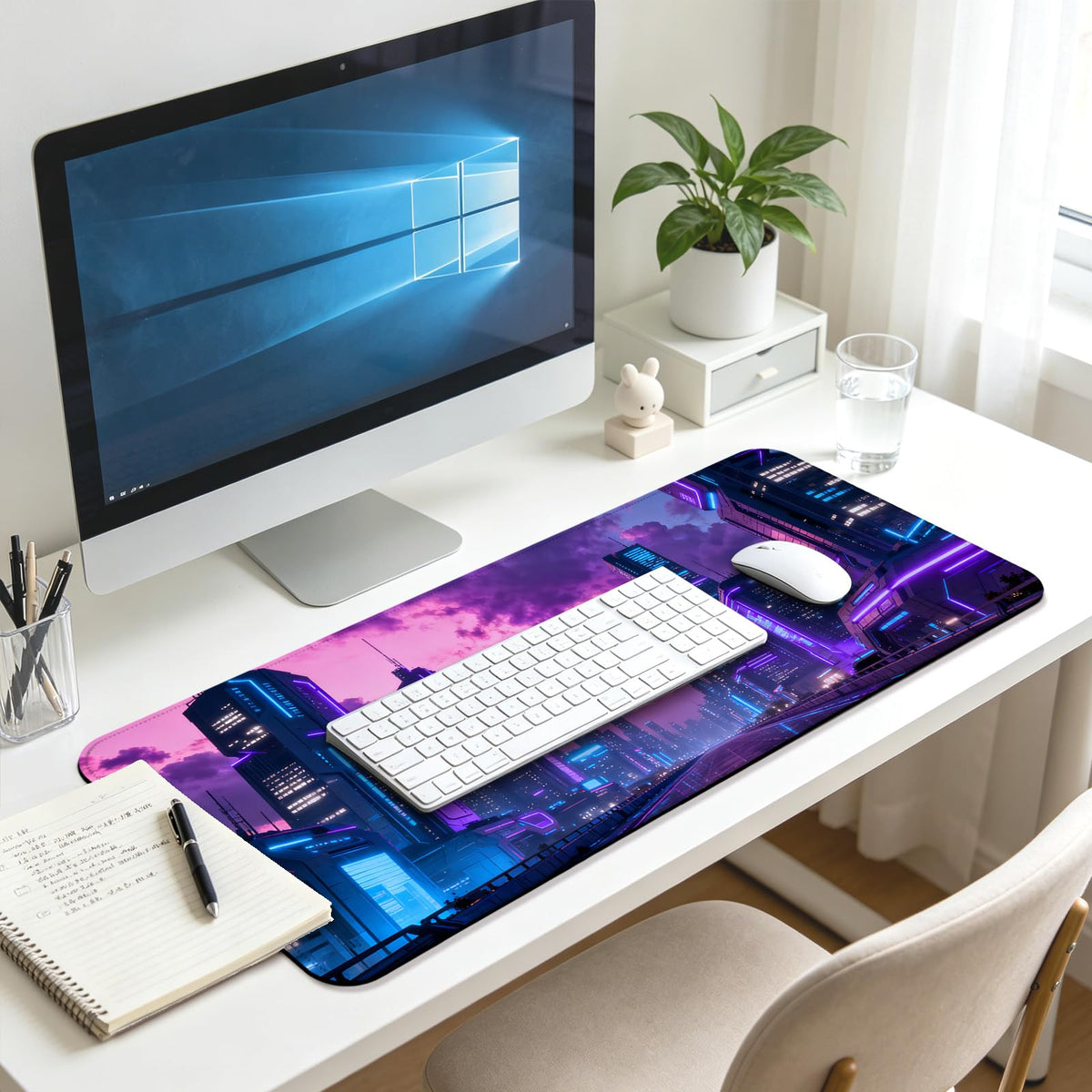 JIANG100 Cyberpunk City Scene Gaming Desk Mat, Extended Mouse Pad, Purple