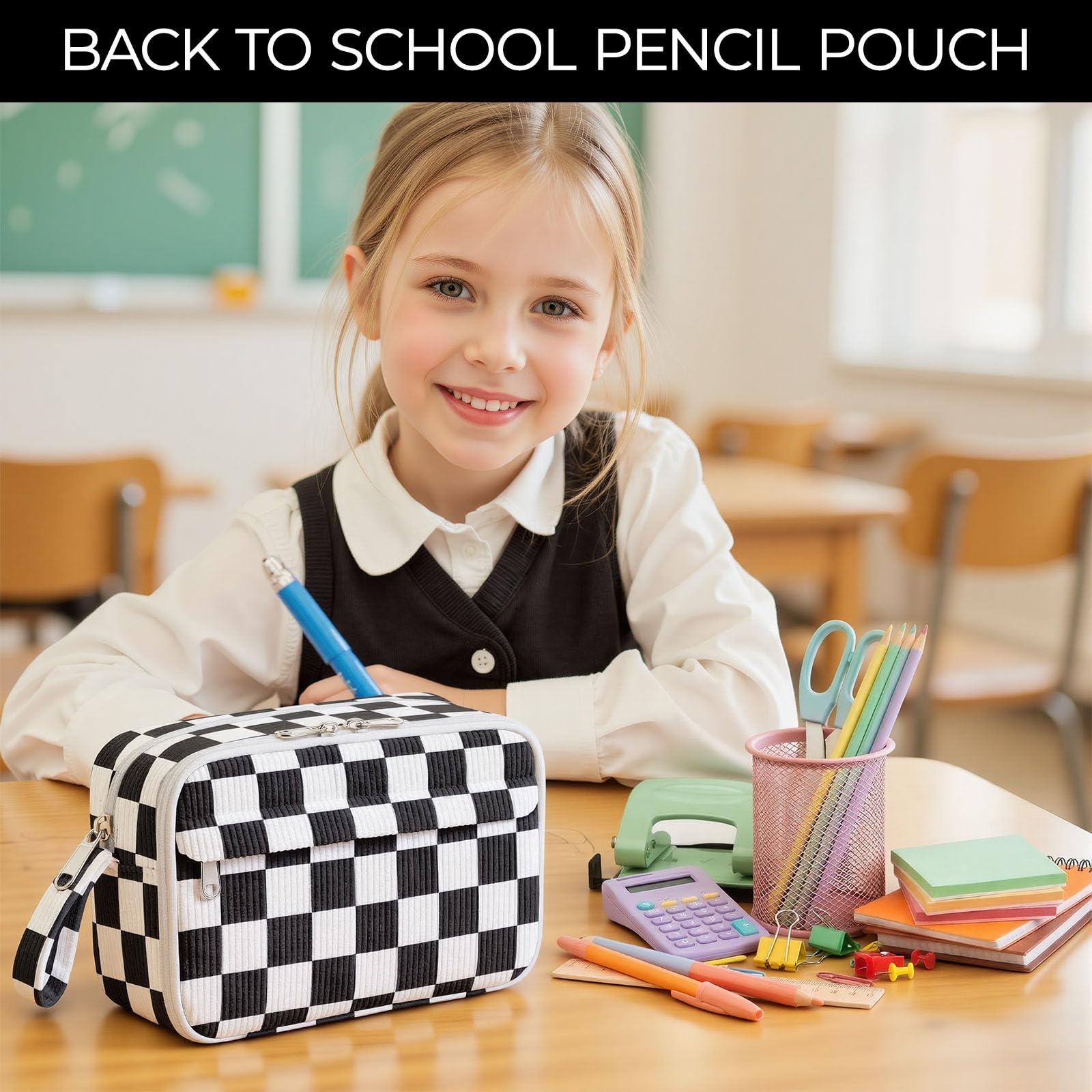 WOBAGMEN Cute Pencil Case,Large Corduroy Zippered Pencil Case Pouch, aesthetic Pencil Bag with