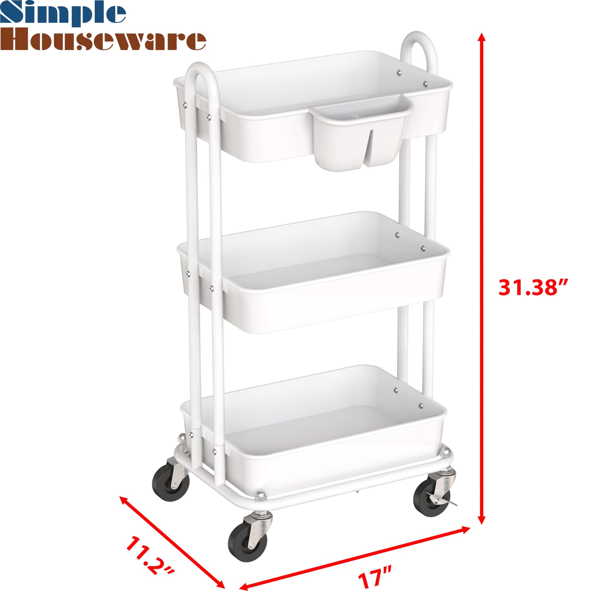 Simple Houseware 3-Tier Rolling Utility Cart with Hanging Bucket, White