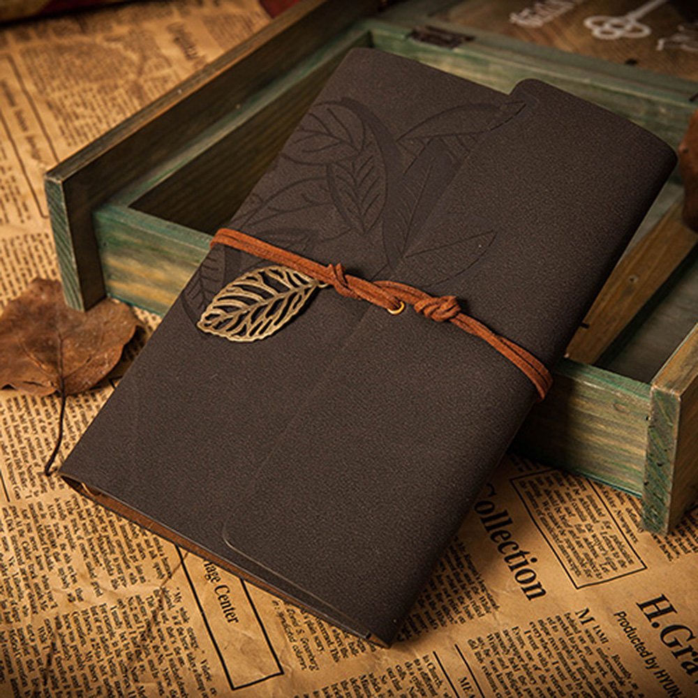 EvZ 7" Vintage Black Leather Journal - Professional B6 Refillable Binder Notebook with Retro Leaf