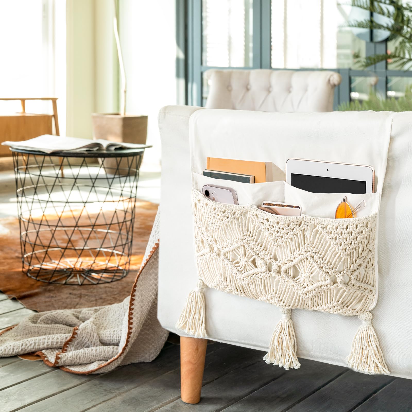Mkono Macrame Armchair Caddy, Boho Couch Armrest Organizer, 4 Pockets Beige