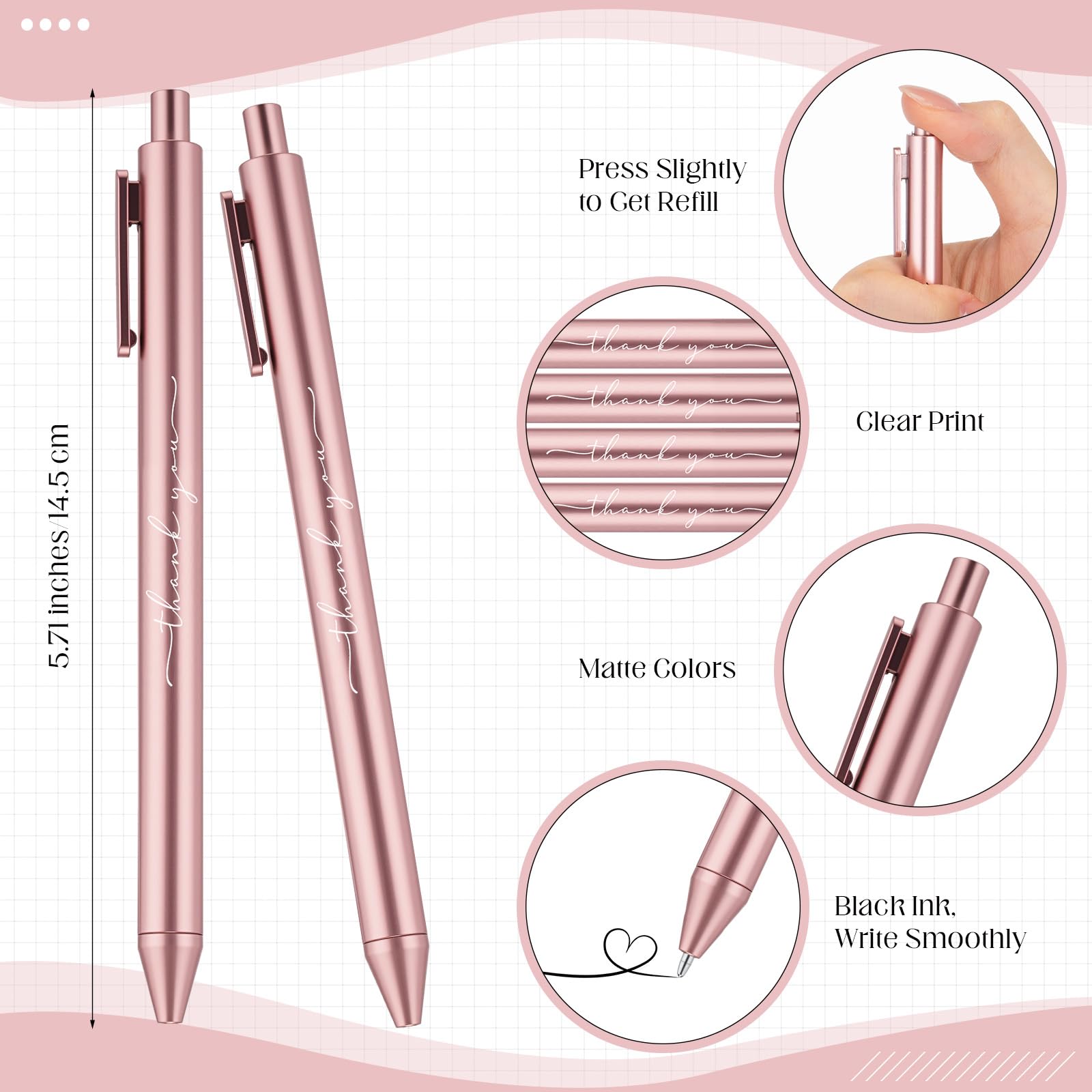 Dispowreath 50 Pcs Thank You Pen Bulk Cute Server Ballpoint, Rose Gold
