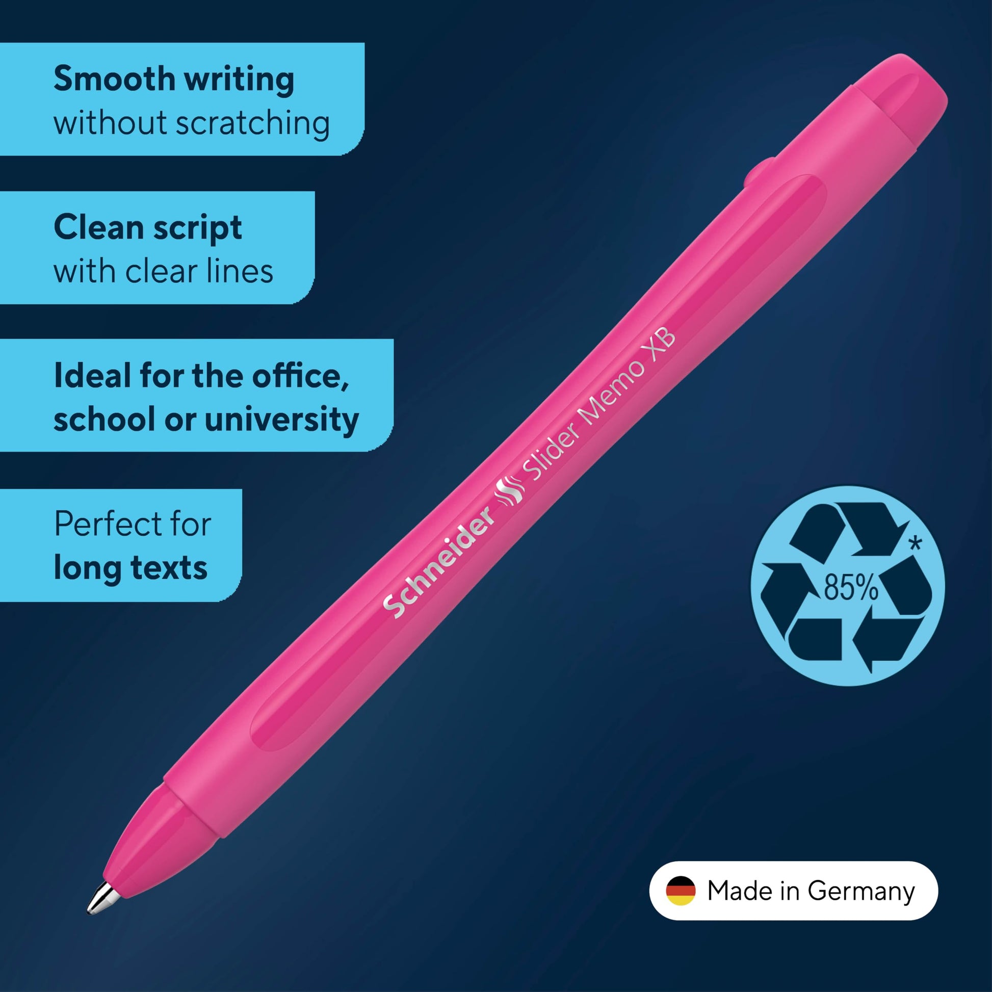 Schneider Slider Memo XB Ballpoint Pen, Hot Pink Case, Blue Ink, Extra Wide Line, Pack of 10