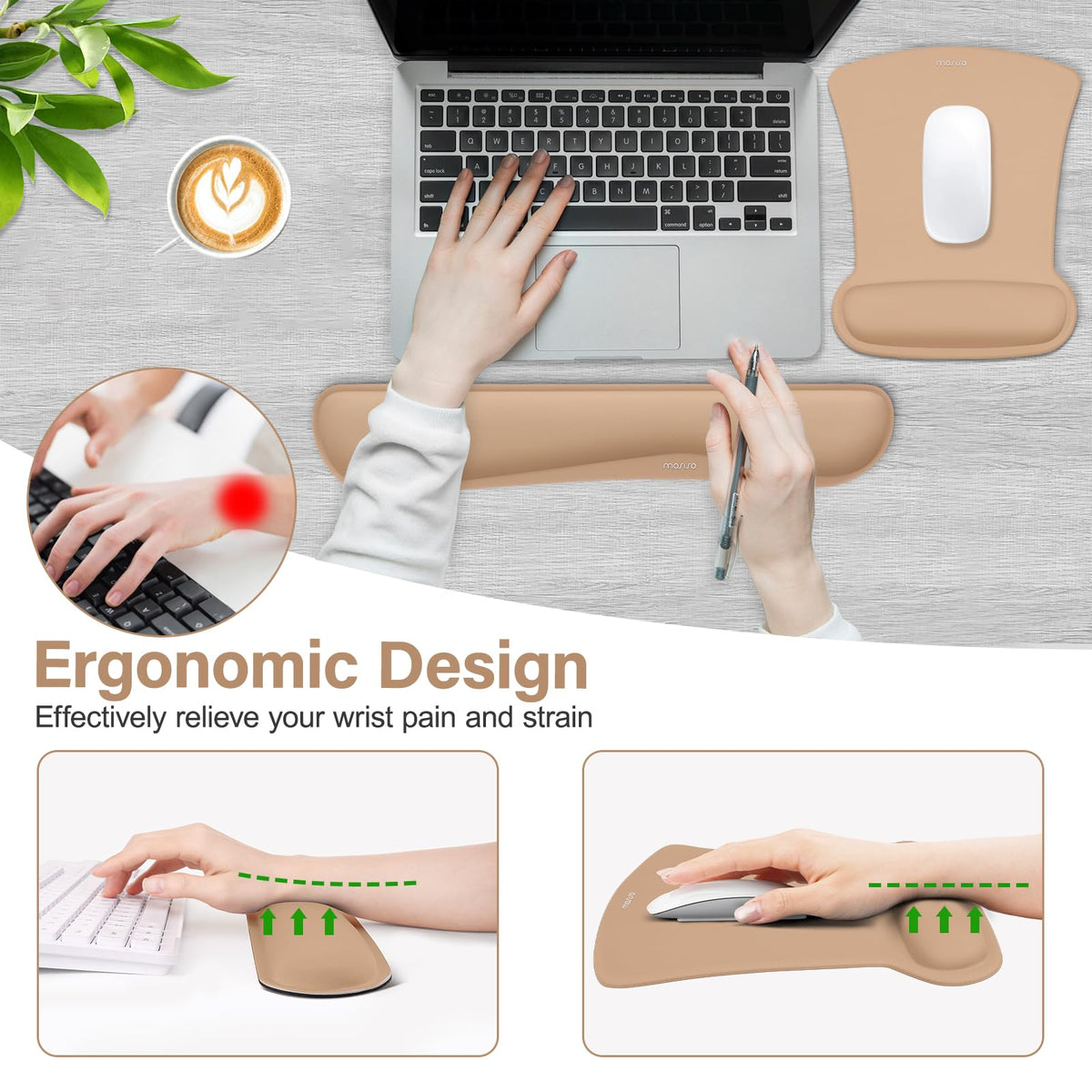 MOSISO Wrist Rest Support for Mouse Pad & Keyboard Set, Mocha