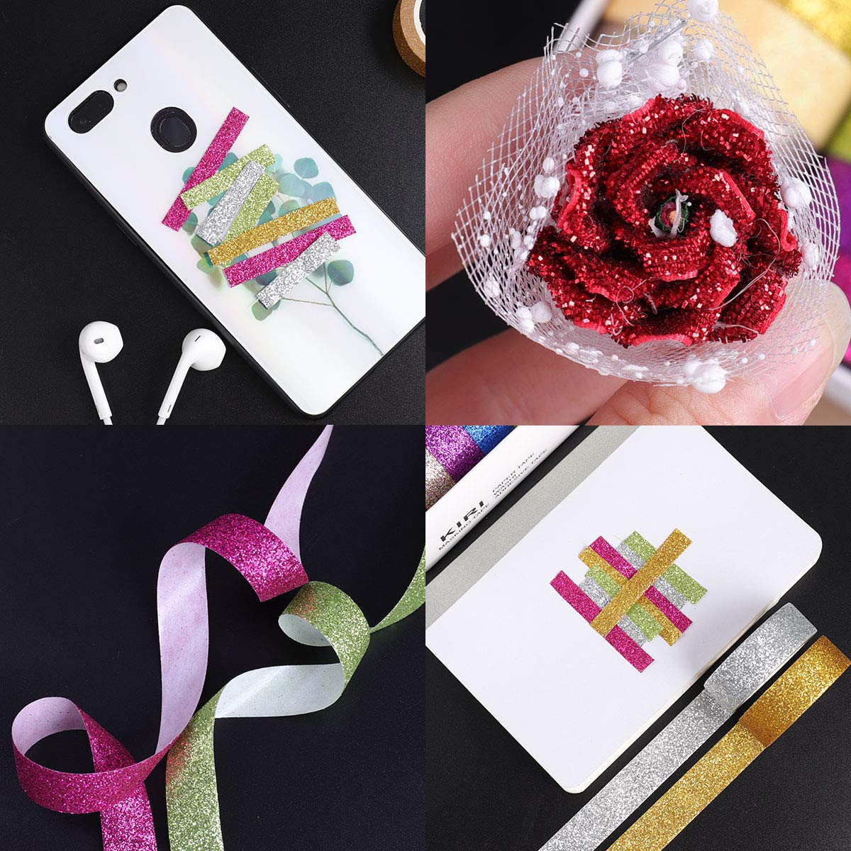 Tesuivra DIY Glitter Washi Tape Set - 12 Rolls Colored Masking Tape, Sparkle Decorative Tape for