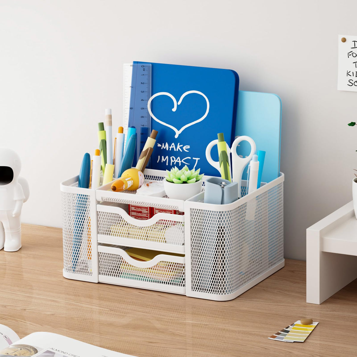 Marbrasse Mesh Desk Organizer, Pen Organizer with 2 Drawer, Multi-Functional Pencil Holder, Desk