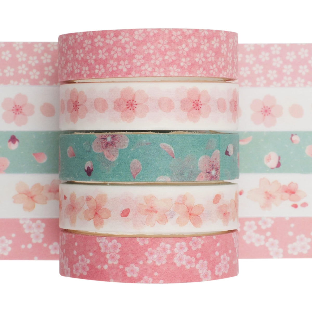 YUBX 5 Rolls Pink Washi Tape Set Cherry Blooms Creative Basic Skinny Decorative Tapes for Arts, DIY