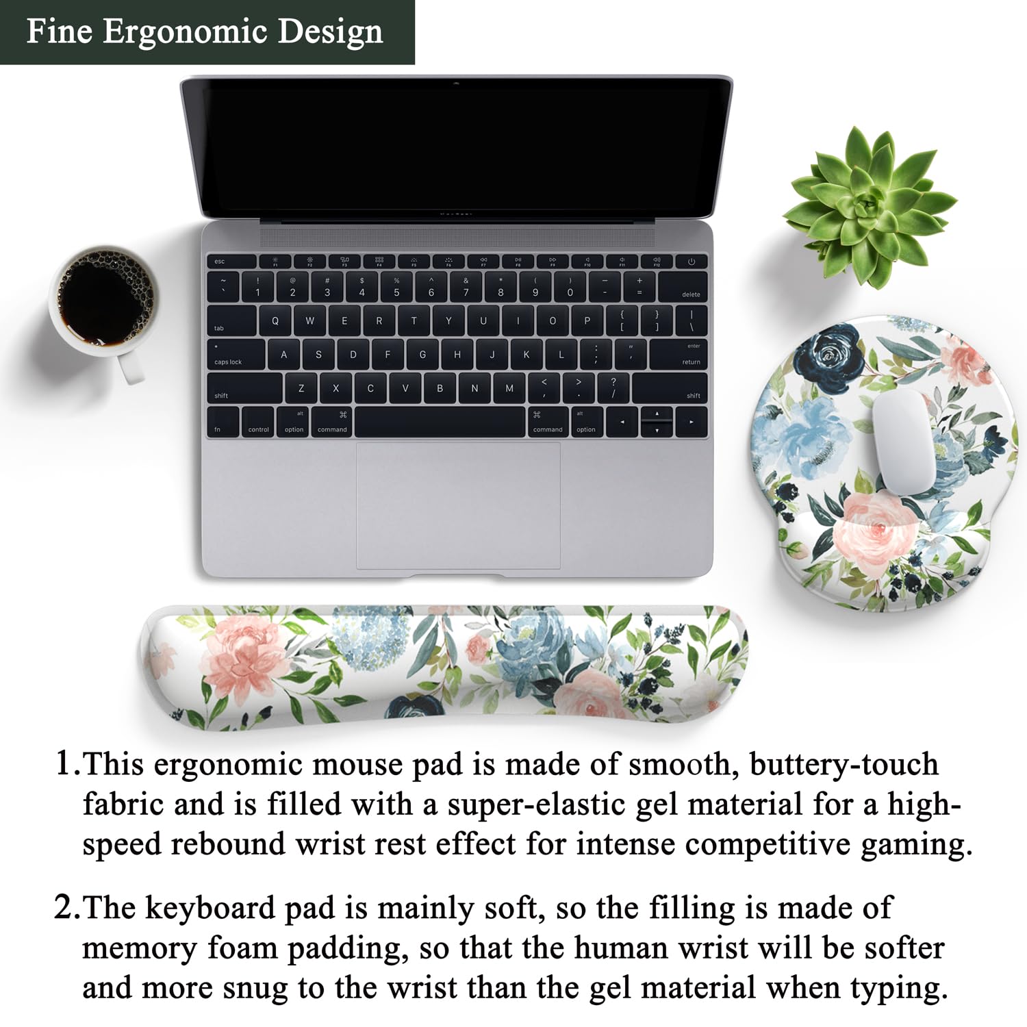 Green Blue Pink Floral Mouse Pad Wrist Support Keyboard Wrist Rest Set, Ergonomic Mouse Pad with