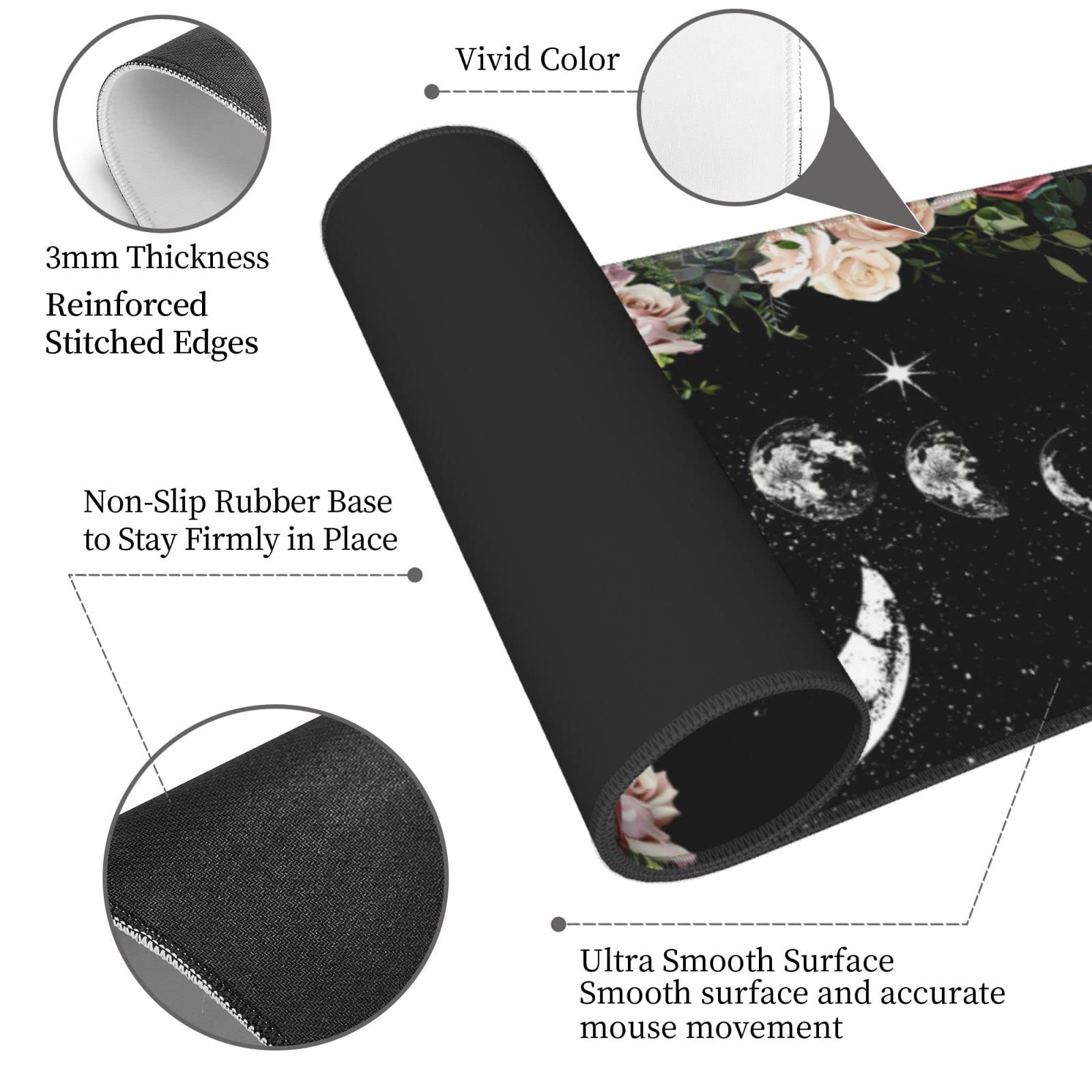 Pale Roses Moon Phase Witchy Tarot Black XXL XL Large Gaming Mouse Pad for Desk, Non-Slip Long