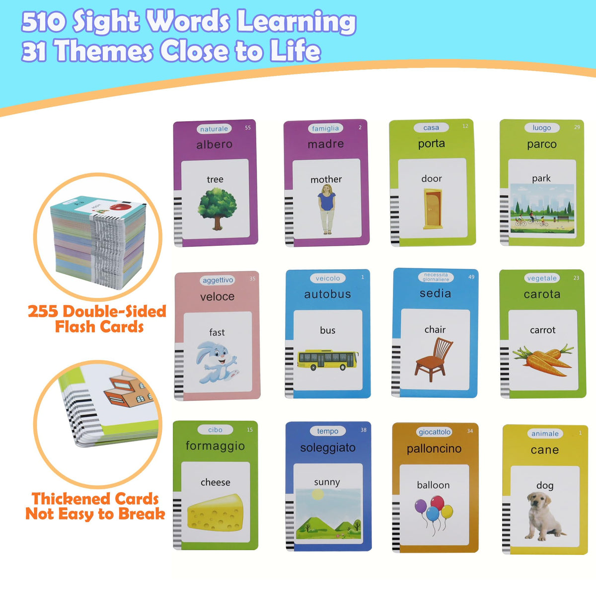 MAYAPHILOS Italian and English Talking Flash Cards with 510 Sight Words