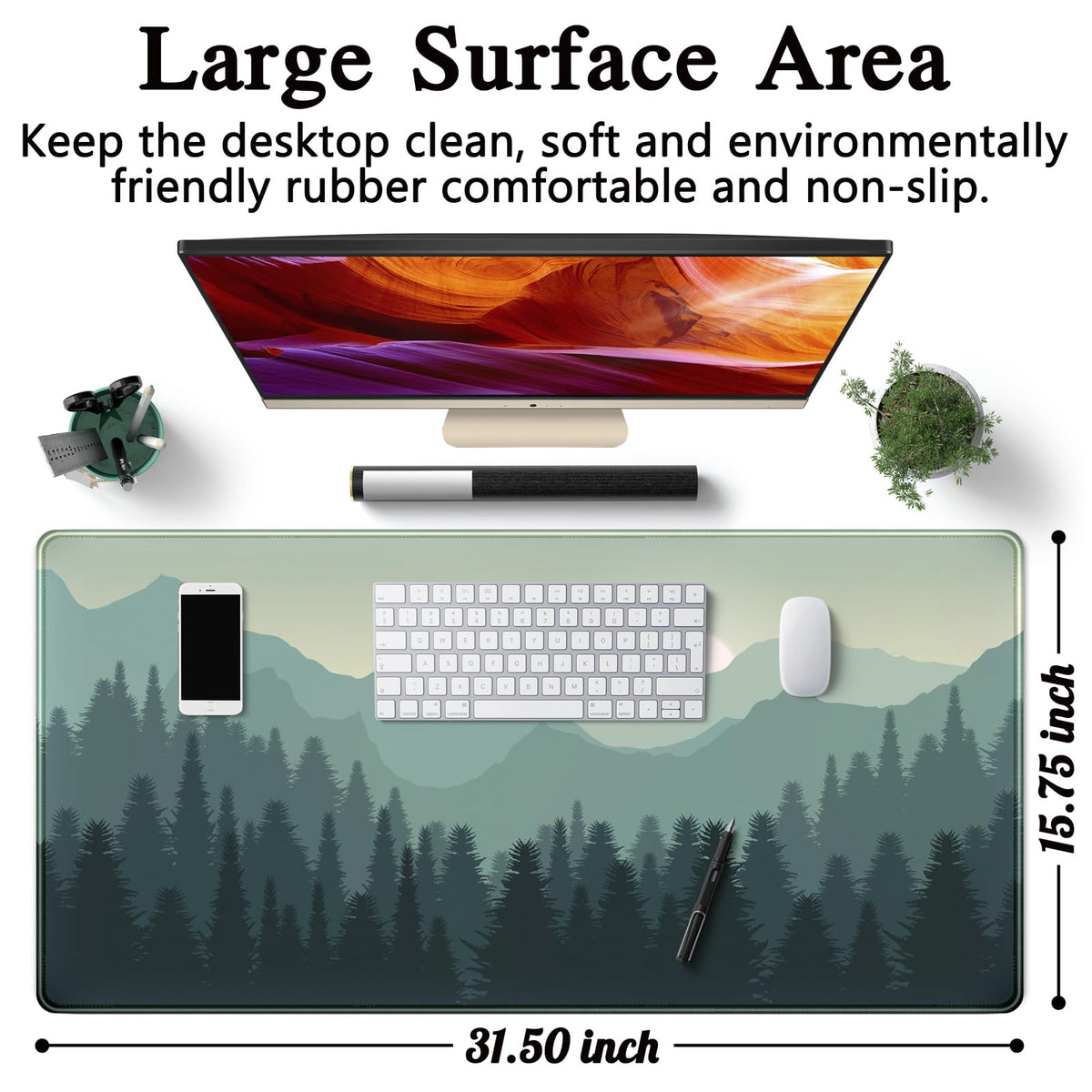 Forest Desk Mat Green Nature Large Mouse Pad XXL 31.5''X 15.7'' Landscape Aesthetic Desk Pad Gaming