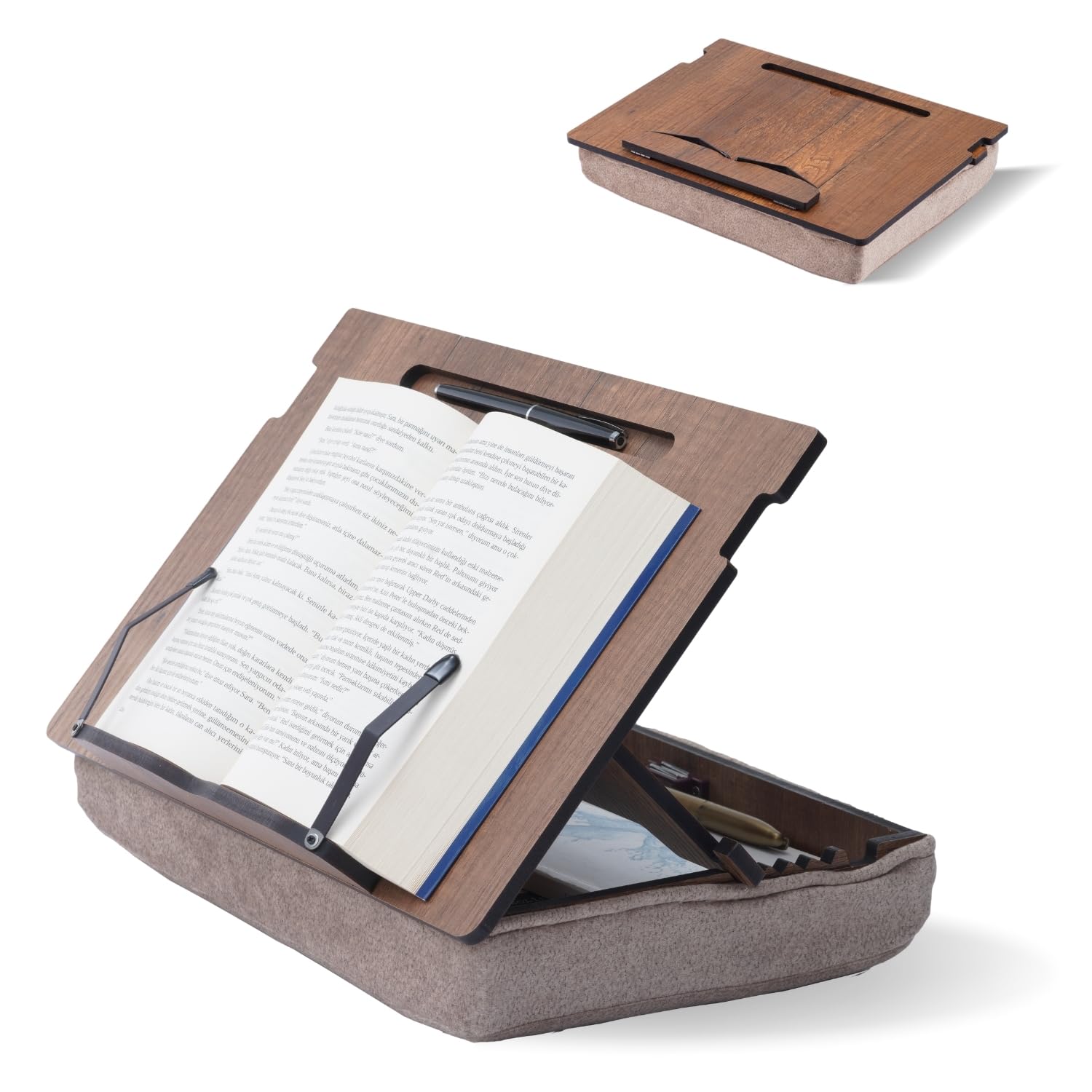 Vigo Wood Lap Reading Desk with Cushion, Adjustable Incline Book Stand with Storage Compartment