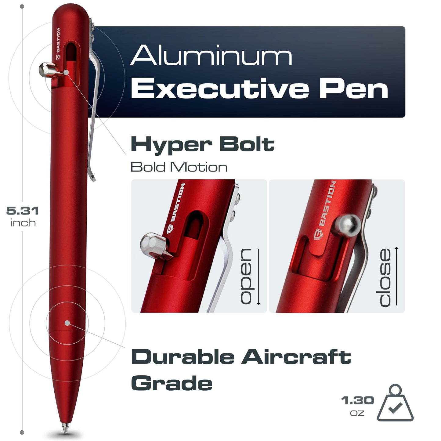 BASTION Bolt Action Pen, Aluminum Red, Premium Metal Writing Pen, EDC