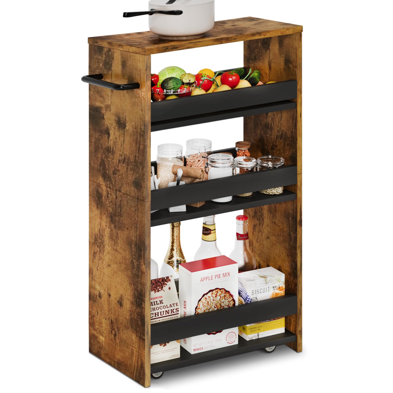 TEAMIX Slim Rolling Storage Cart, Wood 4-Tier Narrow Kitchen/Laundry Cart