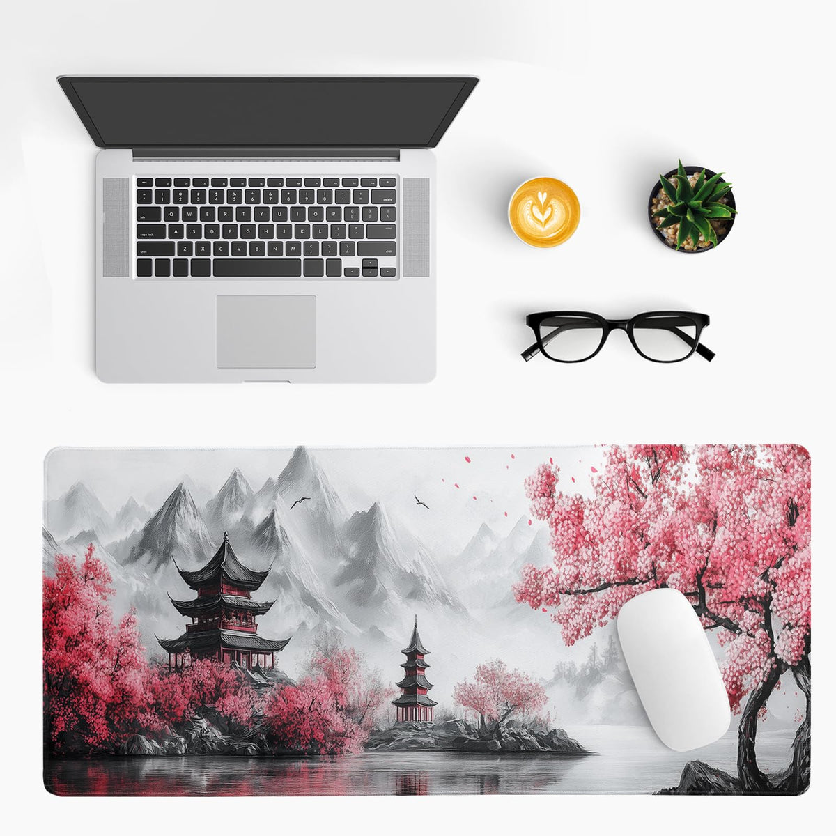 Retro Cherry Blossoms Mouse Pad 31.5x11.8 Inch White Full Desk Japanese Mousepad Extended Large