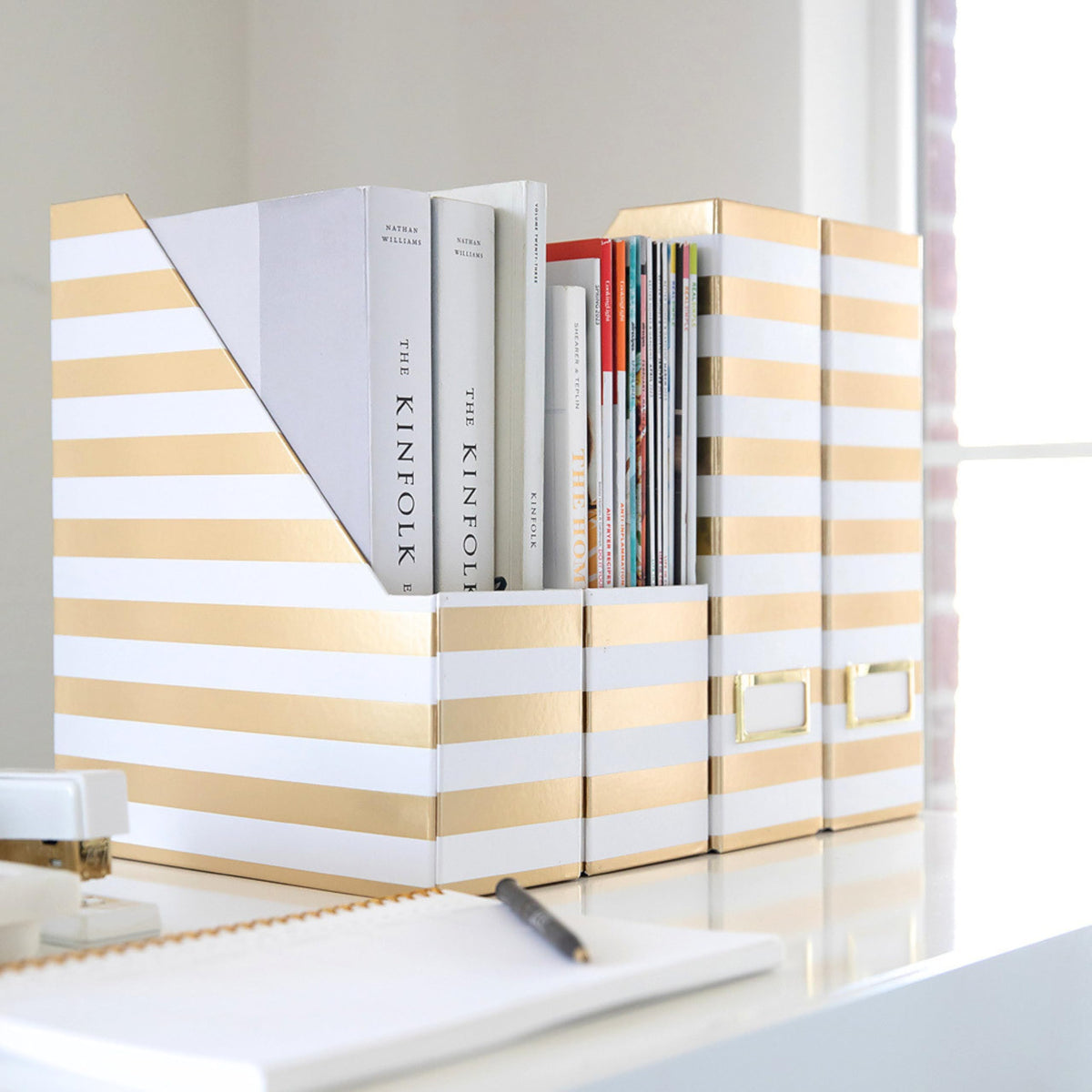 BLU MONACO | Cardboard Magazine File Holder Set of 4 Gold White Stripes | Vertical Magazine File