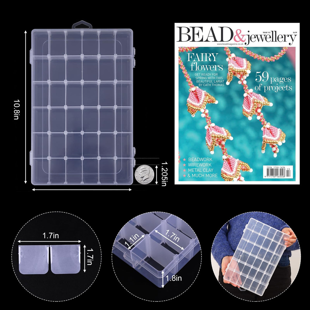 Bead Organizer Storage 4 Pack 36 Grid Jewelry Tackle Craft Box Adjustable