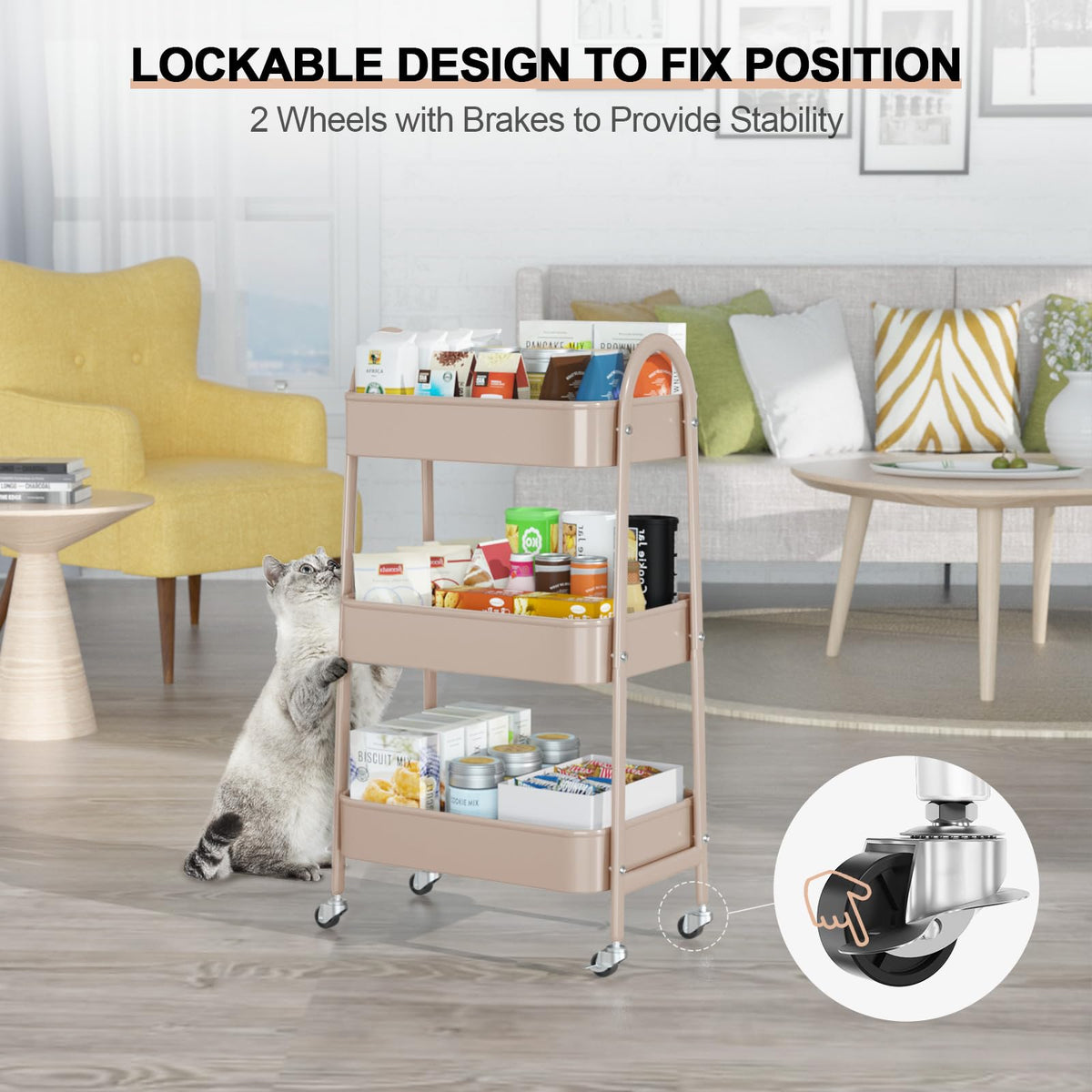 EAGMAK 3 Tier Utility Rolling Cart, Metal Storage Cart with Handle and Lockable Wheels