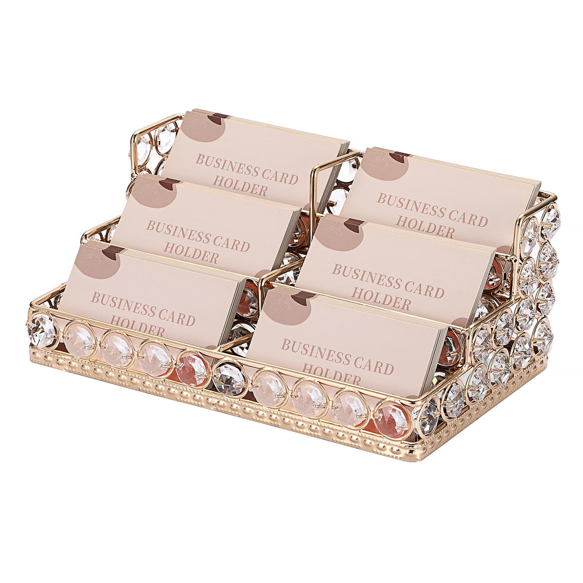Hipiwe 3 Tiers Crystal Business Card Holder Gold Business Card Display Stand with 6 Slots Name Card