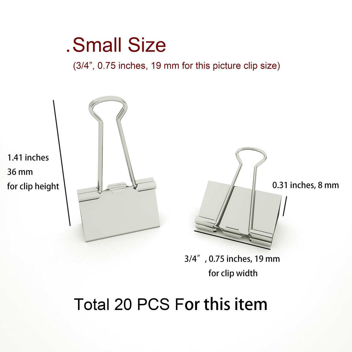 Nctinystore Binder Clips Small Metal Clamp - 3/4 in (0.75 inch) (Silver, 20 - Count)