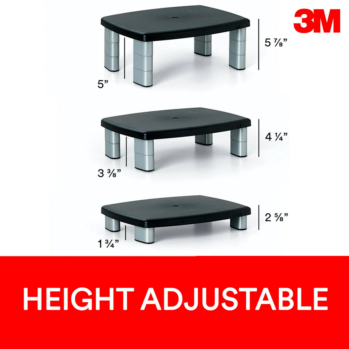3M Adjustable Monitor Stand, Three Leg Segments, Simply Adjust Height from 1" to 5 7/8", Holds Up
