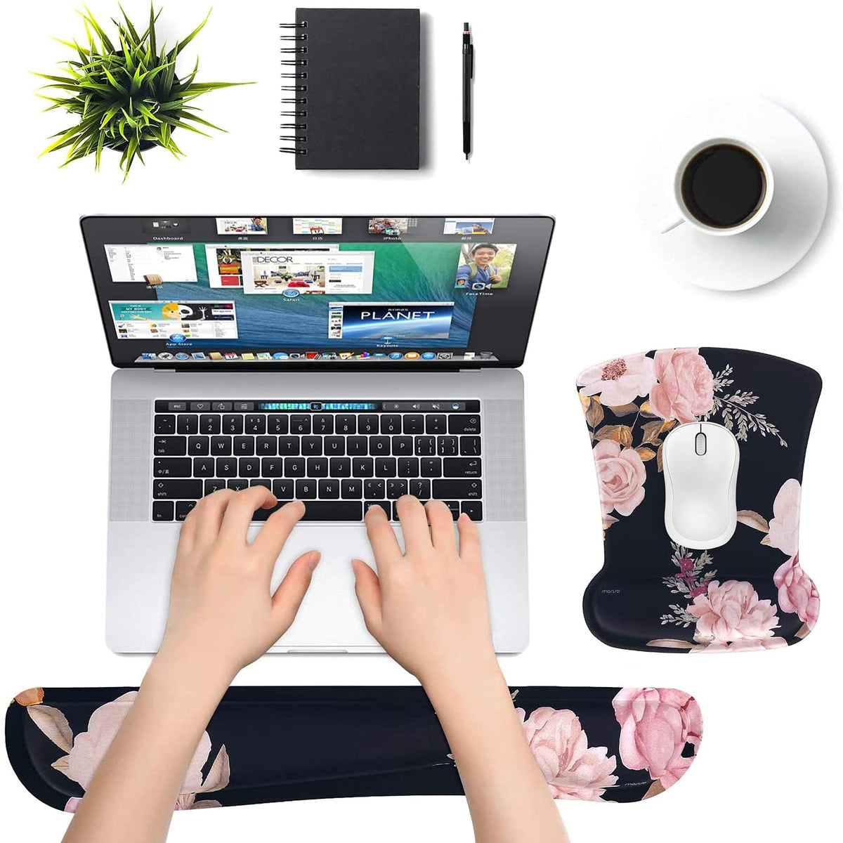 MOSISO Peony Wrist Rest Support for Mouse Pad & Keyboard Set, Black