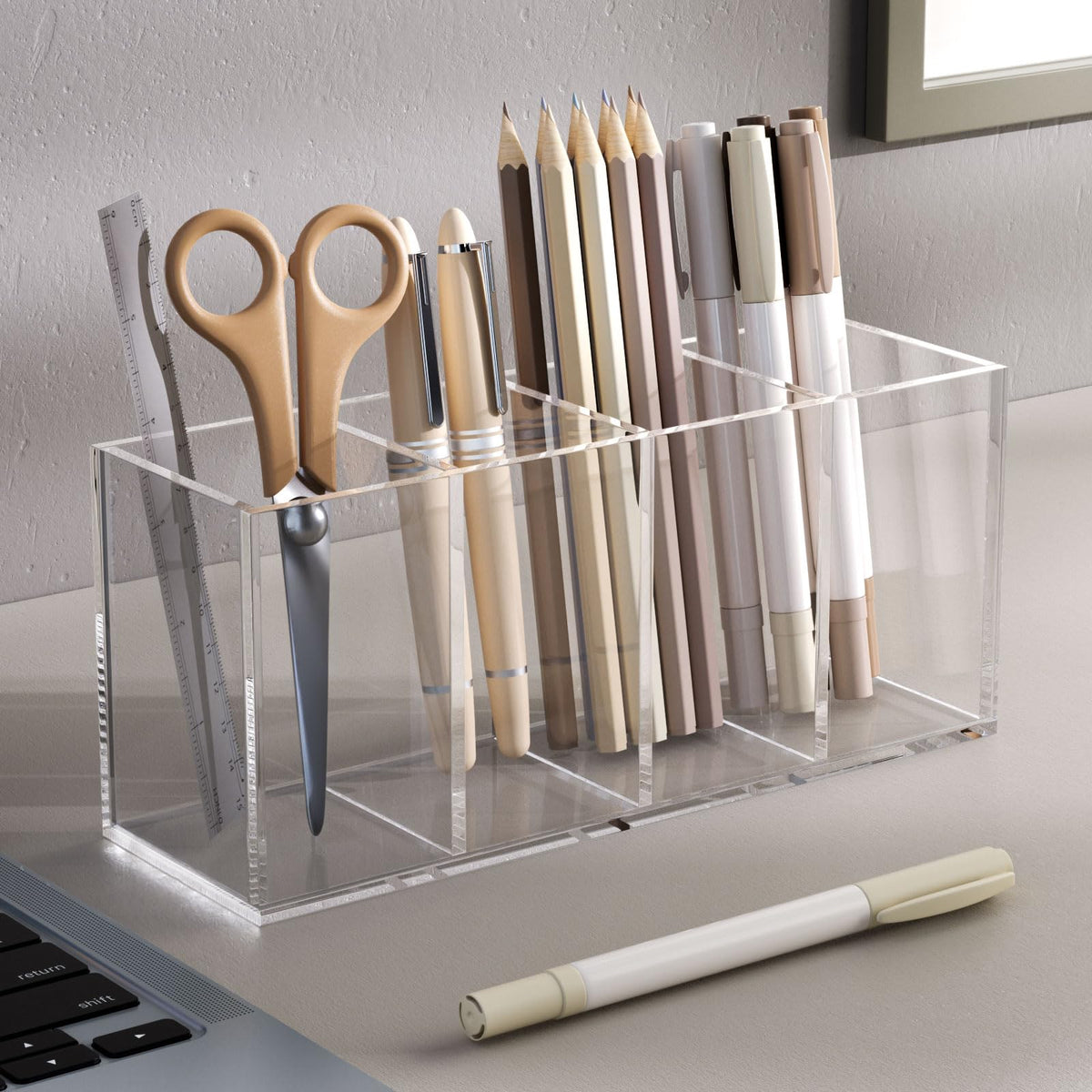 NIUBEE Acrylic Pen Holder 4 Compartments, Clear Desk Pencil Organizer Cup