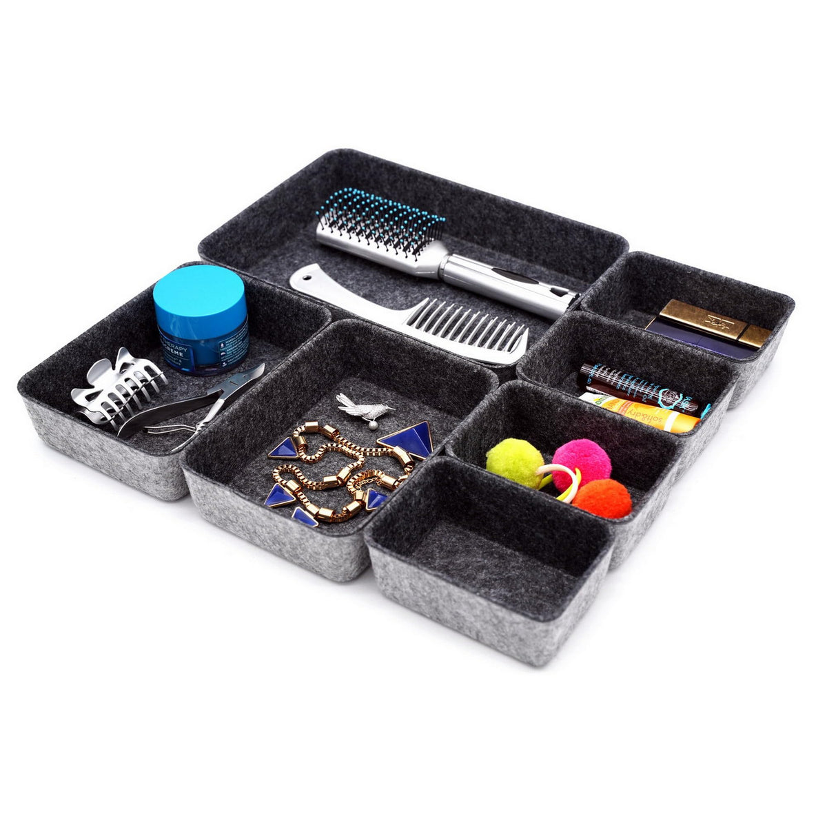 Welaxy 7pc Shallow Felt Desk Drawer Organizers Trays Charcoal Storage Bins
