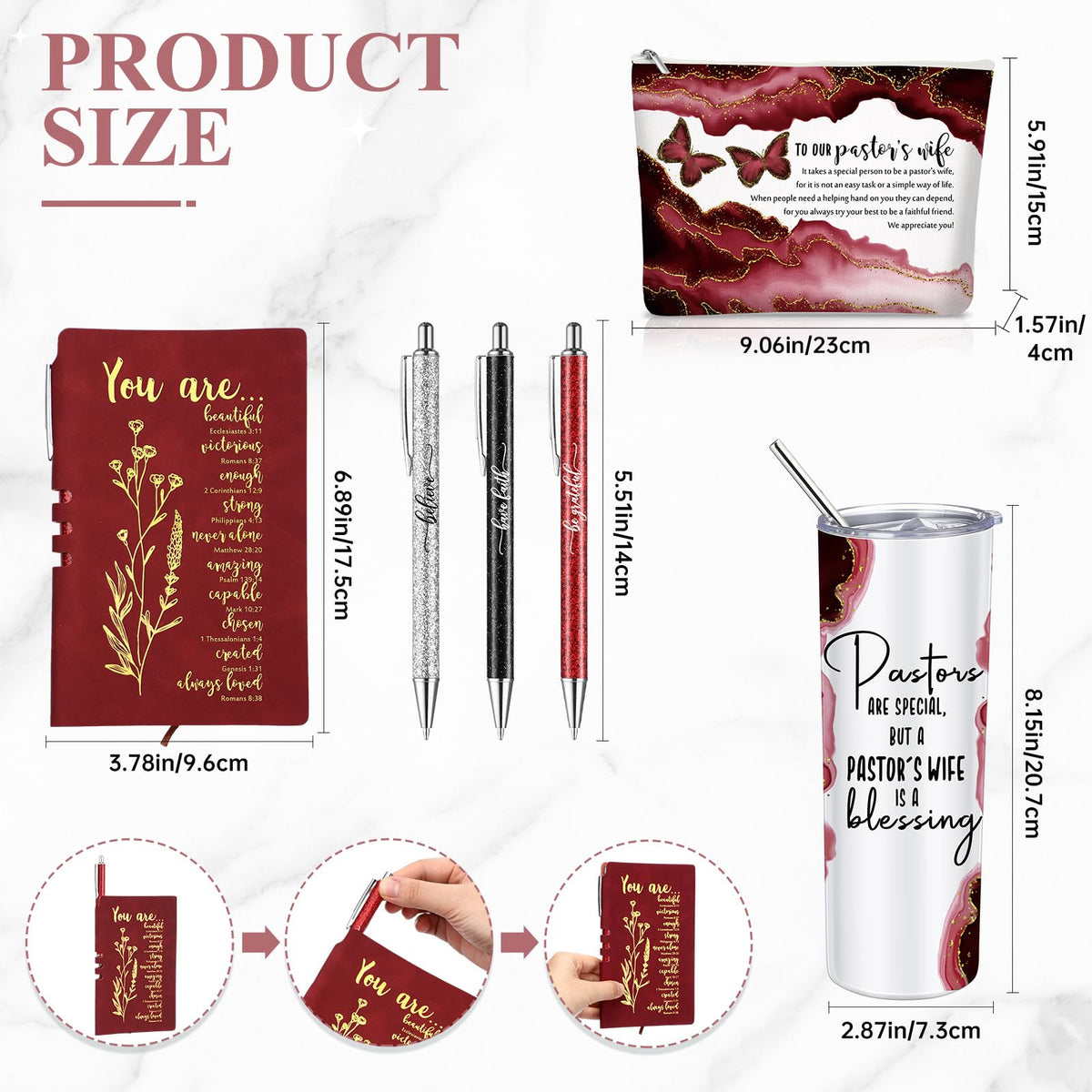 Watersay 6 Pcs Pastor's Wife Appreciation Gifts 20oz Marble Tumbler, Red