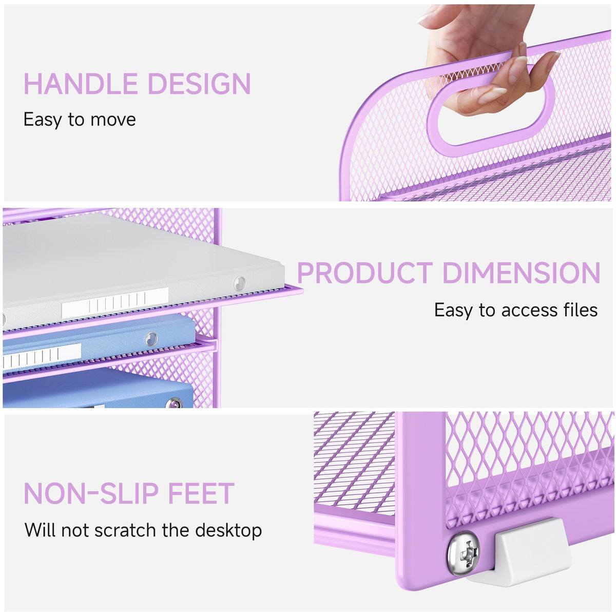 Lavatino 4-Tier Paper Organizer Trays - Purple Mesh File Folder Sorter with Handles, Desk Letter