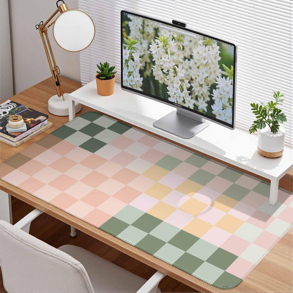Checkered Desk Mat Cute Pink Pastel XXL Large Mouse Pad Aesthetic Boho Desk Pad with Stitched