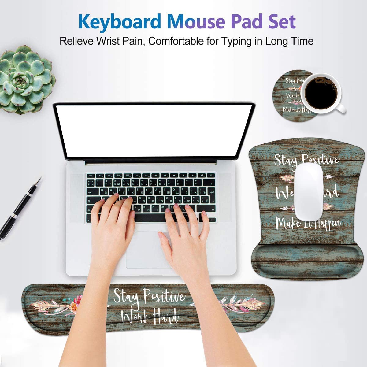 Keyboard Wrist Rest and Mouse Wrist Rest Pad Set with Coasters, Stay Positive Work Hard and Make It