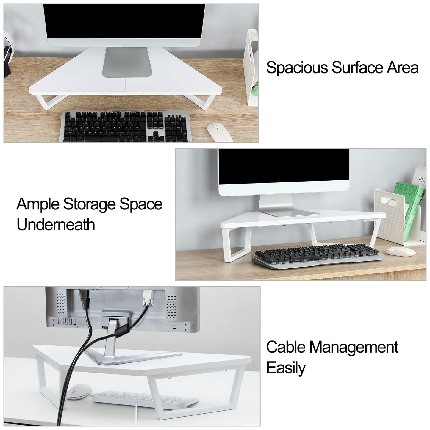 TEAMIX 26 inch White Triangle Monitor Stand Riser, Desktop Corner Shelf with Metal Leg Wood