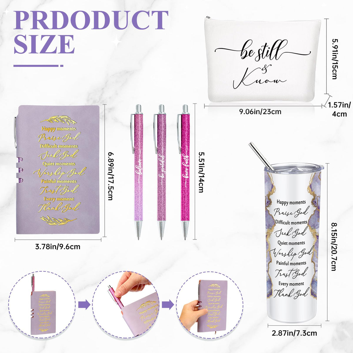Domensi 6 Pcs Christian Gifts Set, 20 oz Tumbler Notepad Pens, Purple