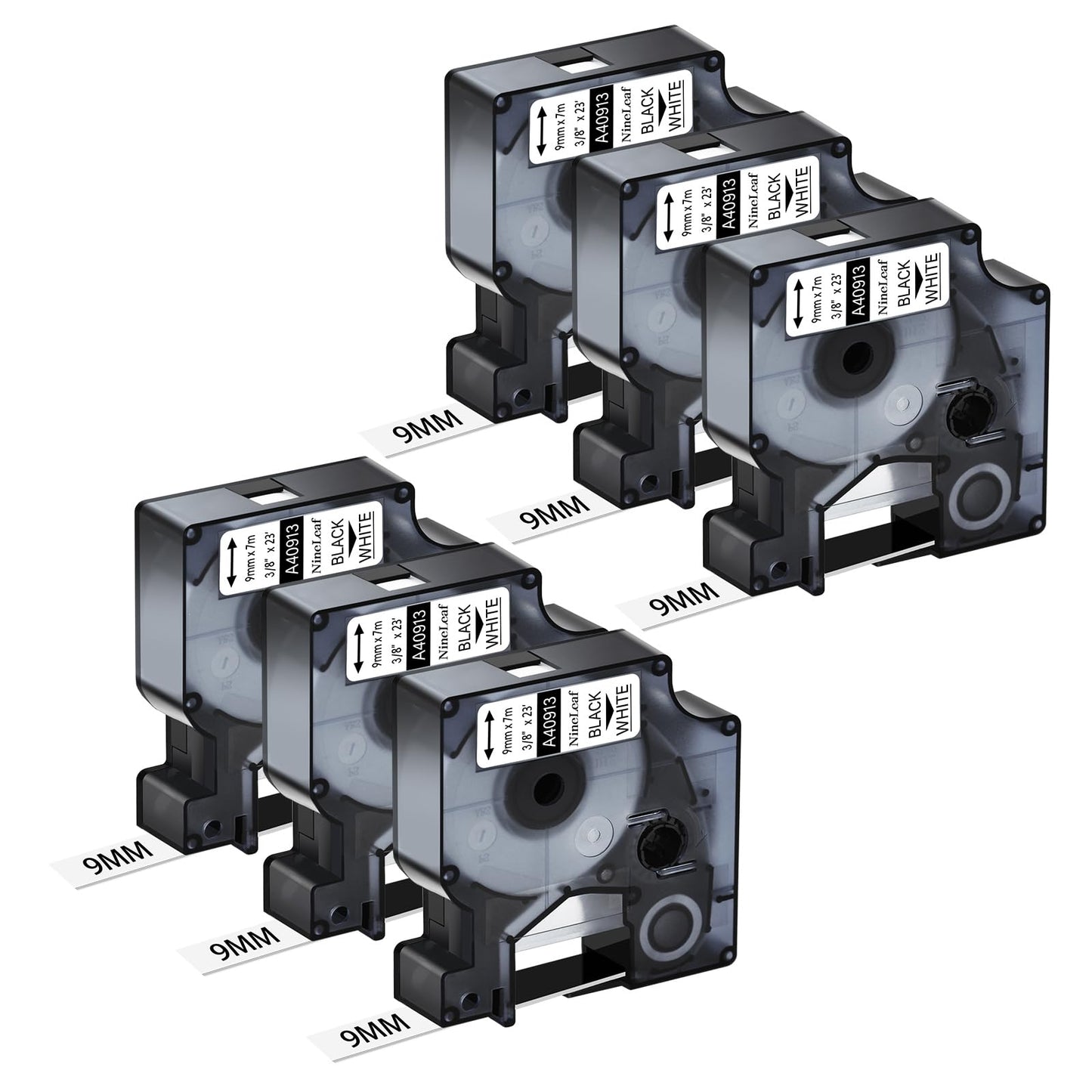NineLeaf 6 PK Compatible for Dymo D1 41913 40913 S0720680 Label Tape 9mm 0.35 Black on White Refill