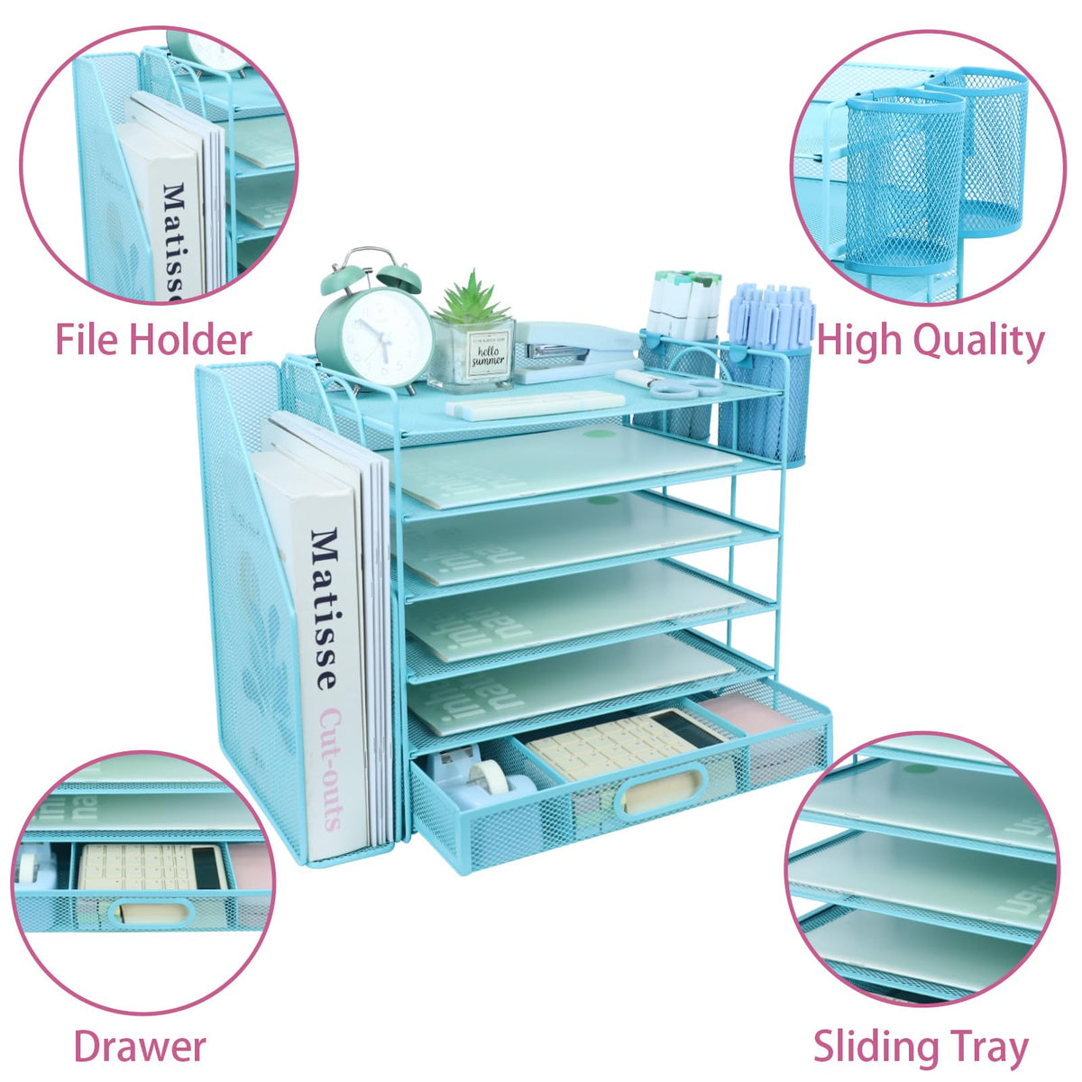 ideallife Desk Organizers and Accessories with File Holder, 6-Tier Paper Letter Tray Organiser with