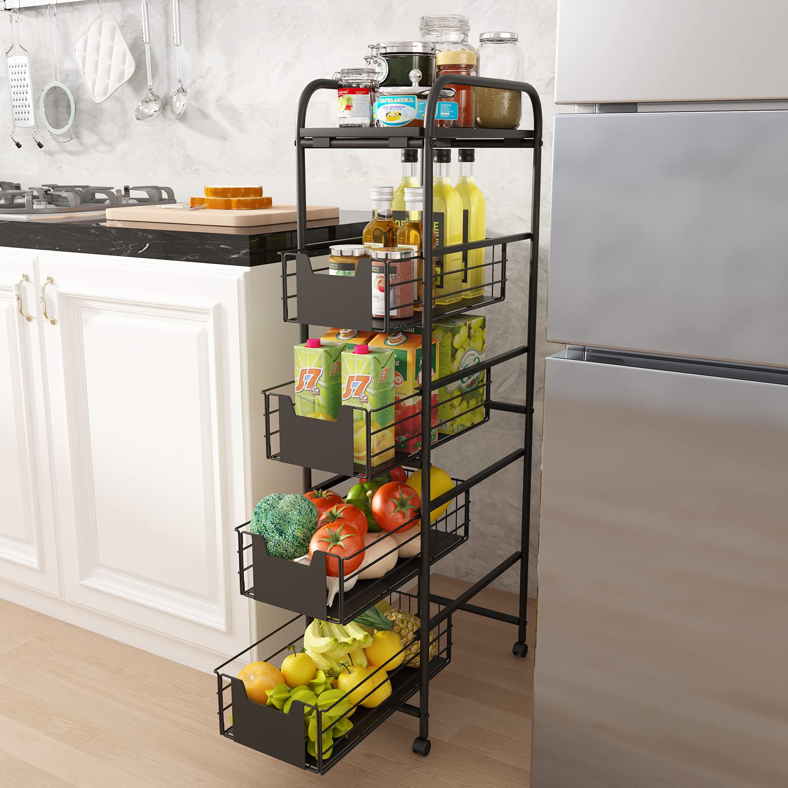 WHIFEA 5 Tier Slim Rolling Cart with Pull-Out Drawers, Multi-Layer Narrow Storage Shelf Organizer