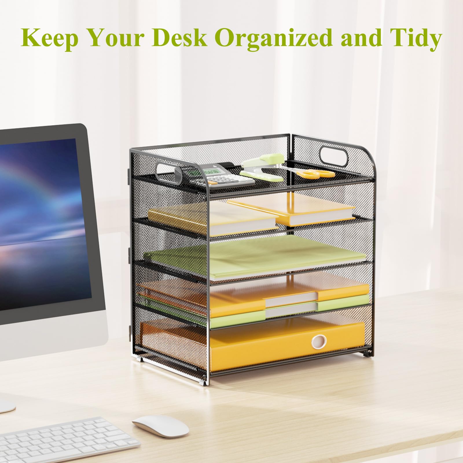 VIEERINN 5 Tier Paper Letter Tray Organizer with Handles, Mesh Desk File Organizer Metal Paper