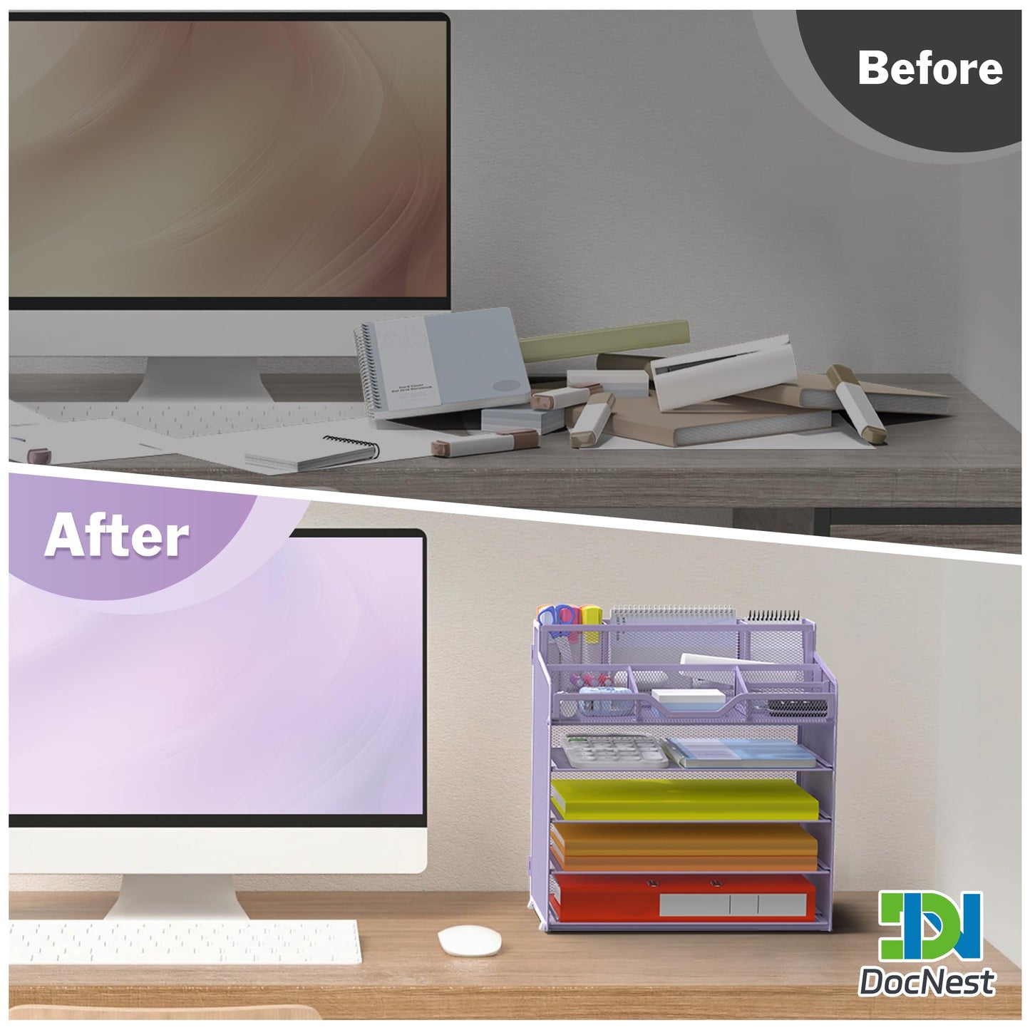 Docnest 5 Tier Mesh Desk Organizer with Letter Tray & Paper Sorter, Purple