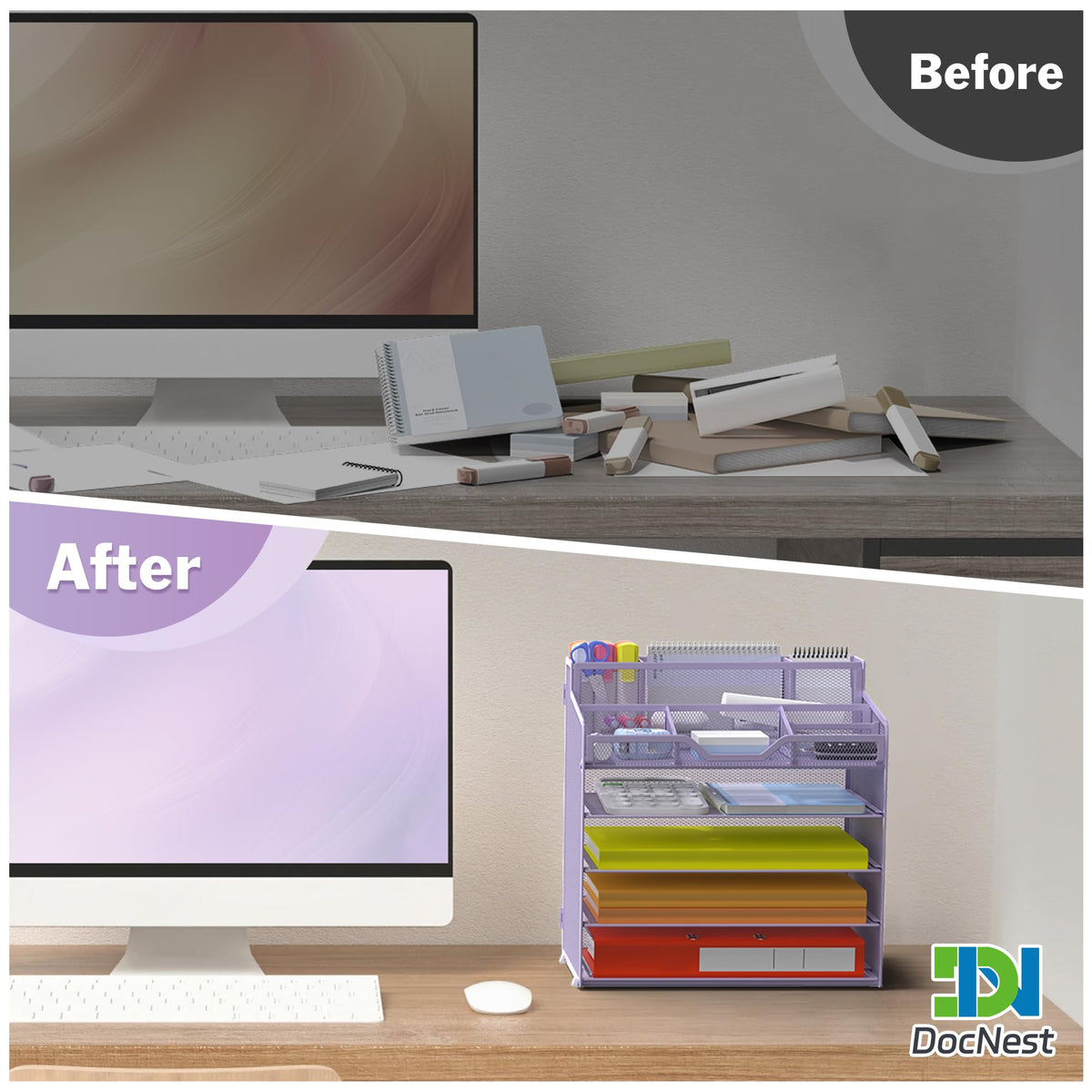 Docnest 5 Tier Mesh Desk Organizer with Letter Tray & Paper Sorter, Purple