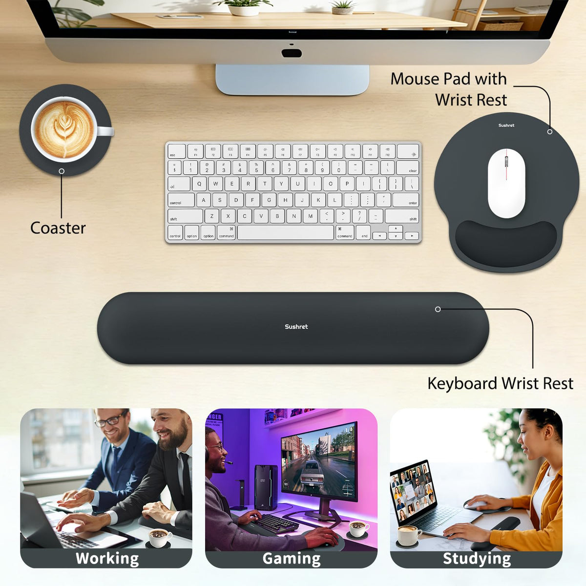 Sushret Mouse Pad and Keyboard Wrist Rest, 3-in-1 Gel Memory Foam Ergonomic Mouse Pad with Wrist