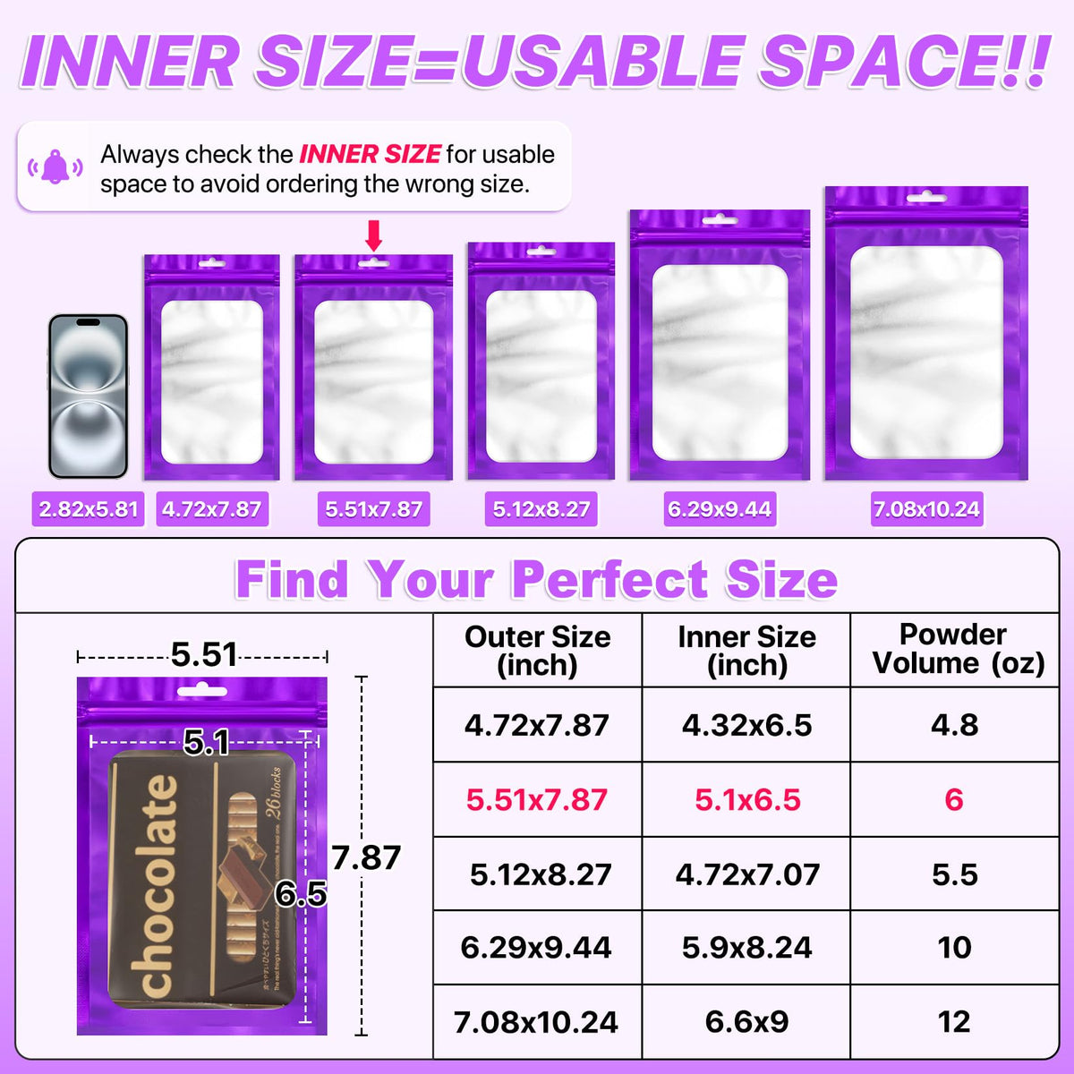 ANZNKU 100Pcs Purple Mylar Bags, Resealable Smell Proof Zip Goodie Baggies