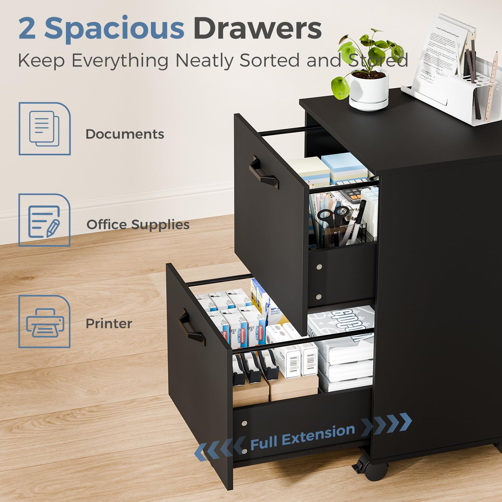 DUMOS 2 Drawer Storage Cabinet, Rolling Under Desk Storage, Black