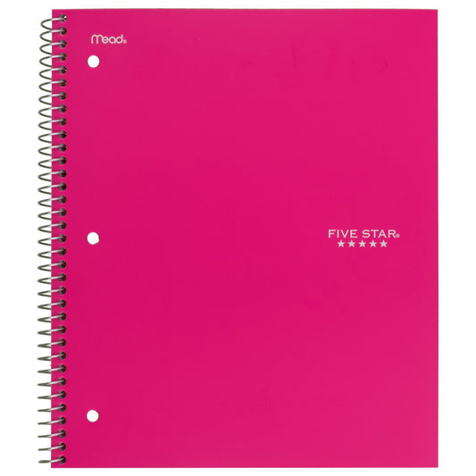 Five Star Spiral Notebook, 3 Subject, Wide Ruled Paper, 150 Sheets, 10-1/2" x 8" Sheet Size, Pink