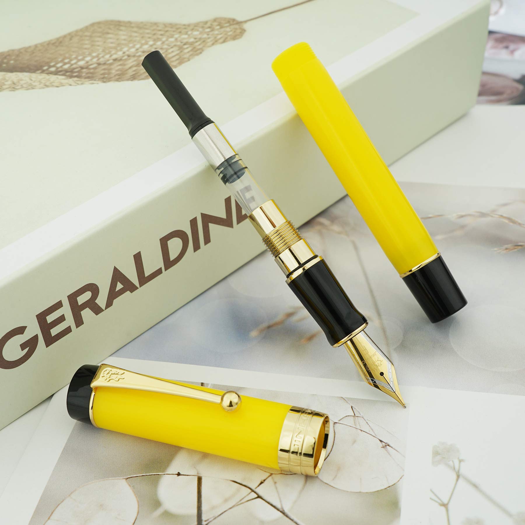 Jinhao 100 Classic Fountain Pen Bent Nib, Yellow Celluloid Fude Pen Calligraphy from Fine to Broad