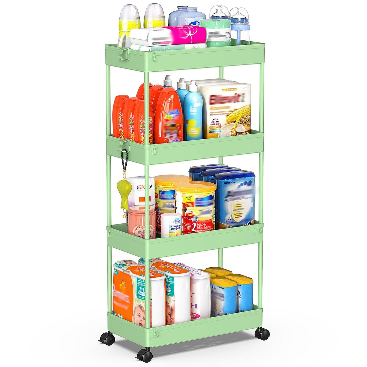 SPACEKEEPER 4 Tier Rolling Cart, Bathroom Cart Organizer with Wheels, Green