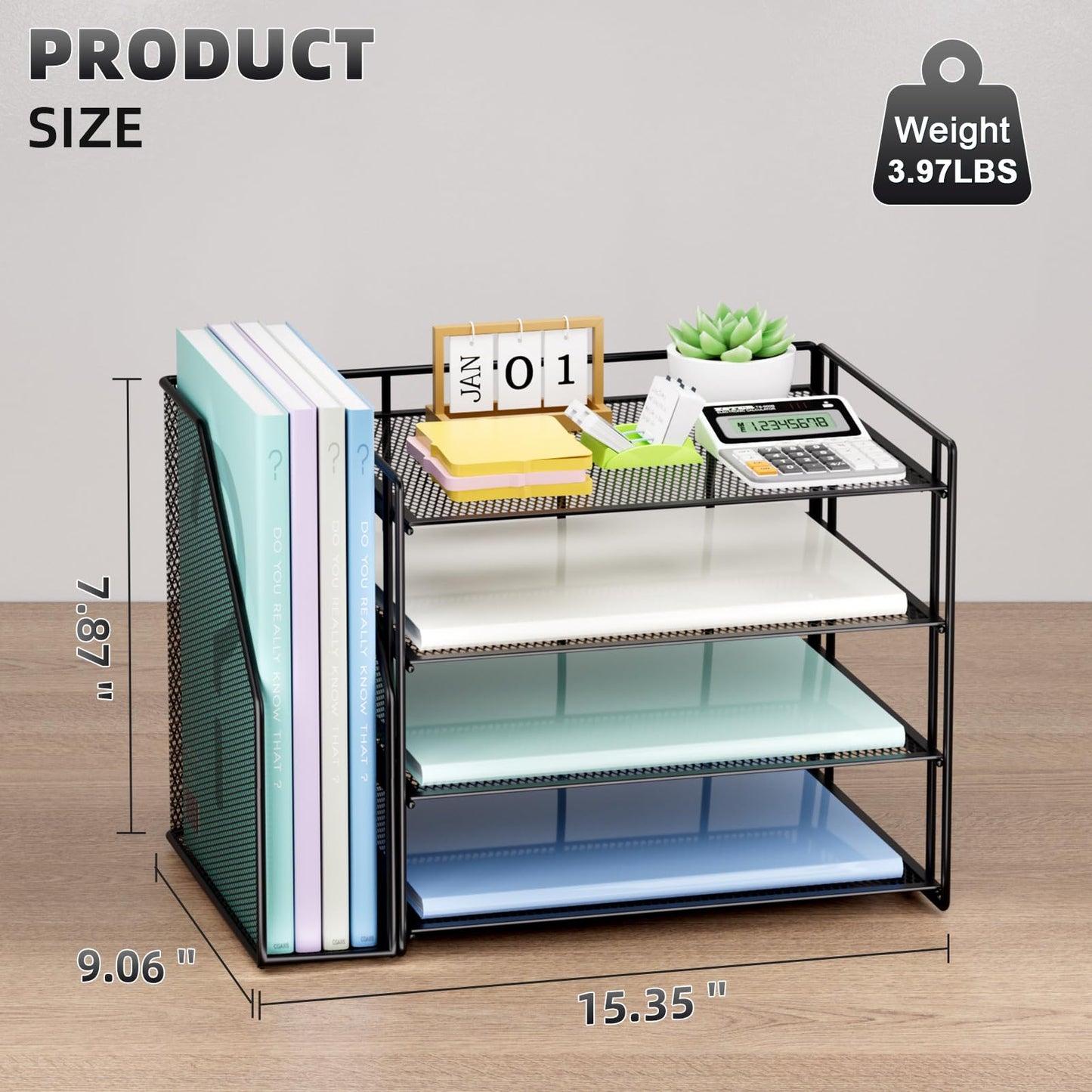 Marbrasse 4-Tier Paper Tray Organizer with File Holder, Black