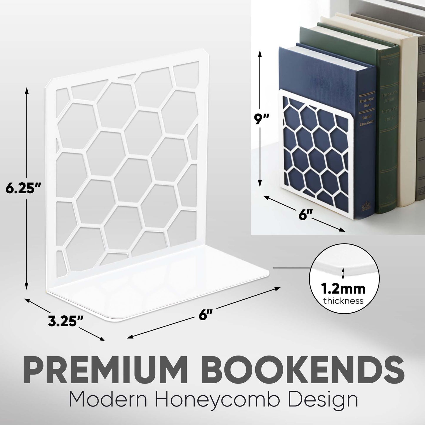 White Geometric Honeycomb Metal Bookends - Book Ends for Shelves - Decorative Modern Heavy Duty