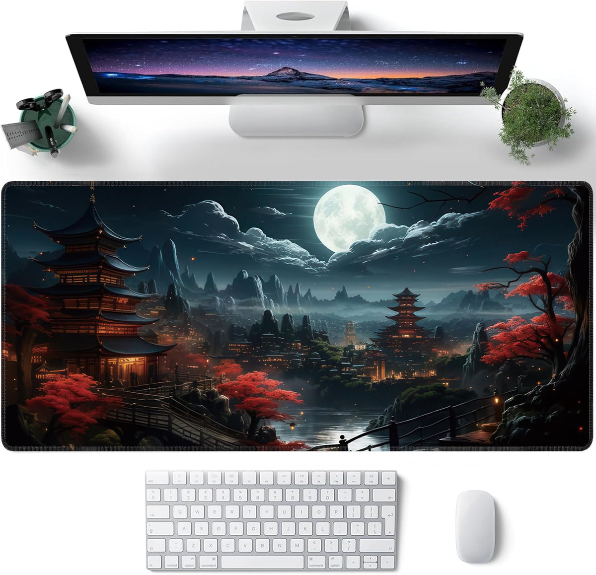 Japanese Full Moon Large Mouse Pad,Gaming Keyboard Desk Pad,Extended Mouse Mat Non-Slip Rubber Base